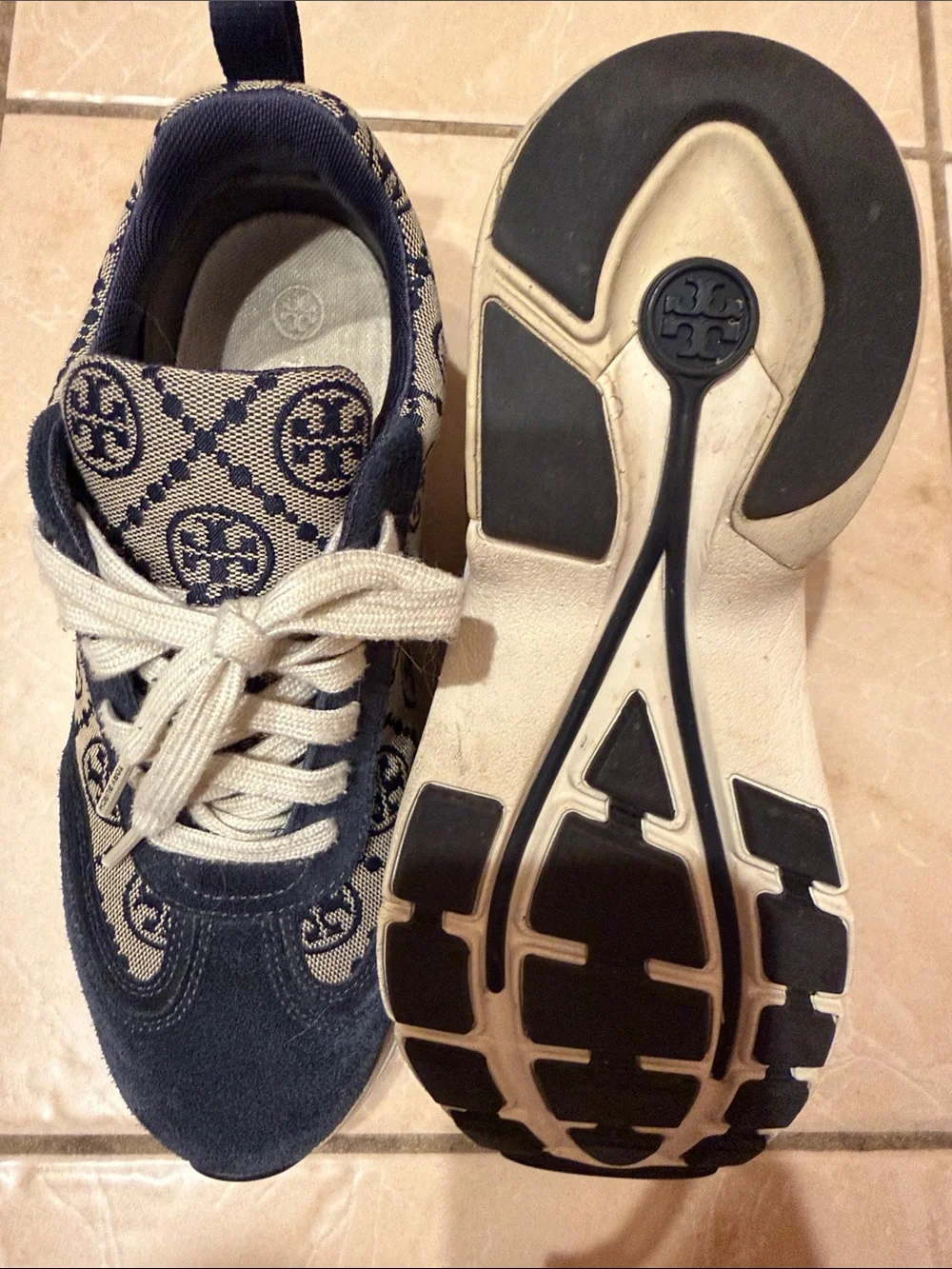 Tory Burch Navy and Beige Logo Running Sneakers